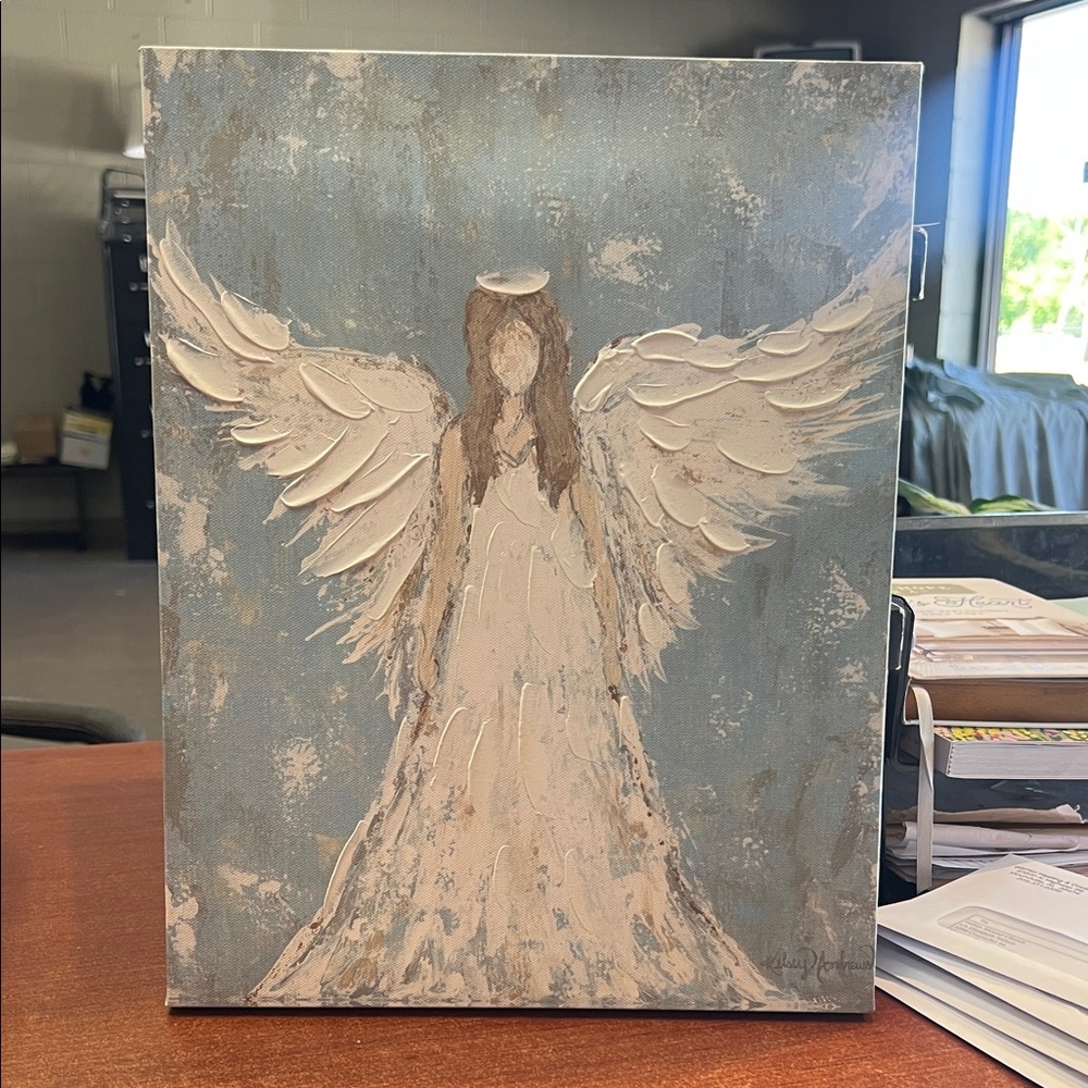 Textured Angel Wall Art Canvas - Blue and Cream